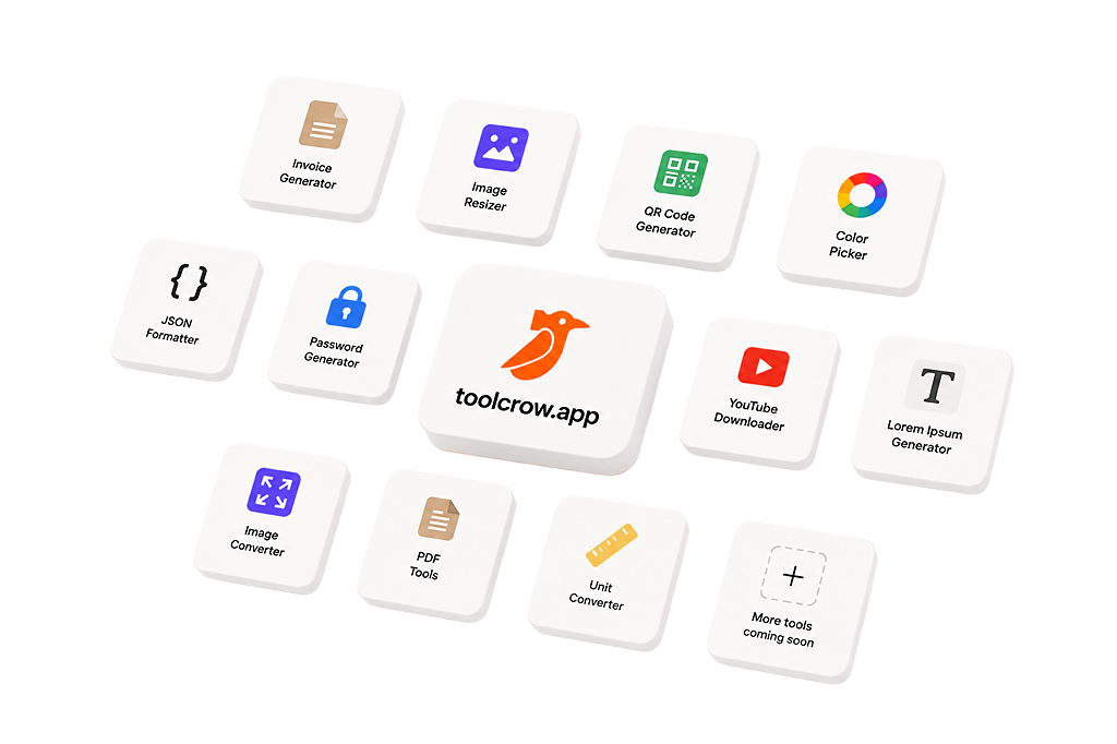 Toolcrow tool cards floating around the toolcrow.app mark